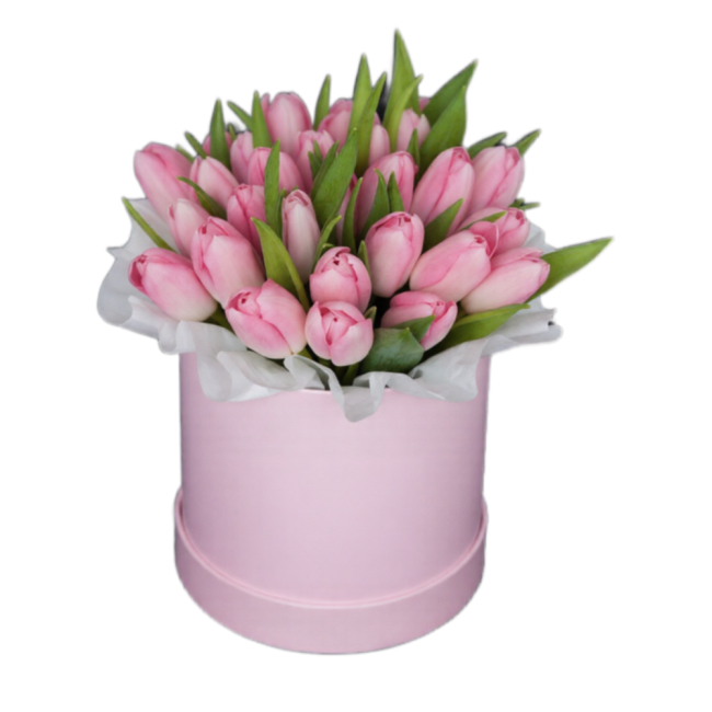 Букет цветов "Шляпная коробка из розовых тюльпанов" Букет цветов "Шляпная коробка из розовых тюльпанов"